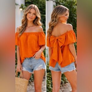 Lauren James Off Shoulder Bow Back Orange Top XS Boho Cottagecore Summer Blouse